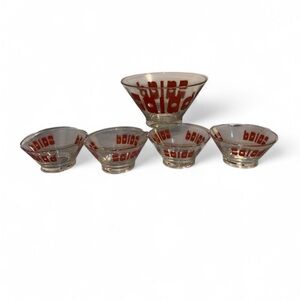MCM Clear Glass Dessert Bowls with Red Graphic Accents